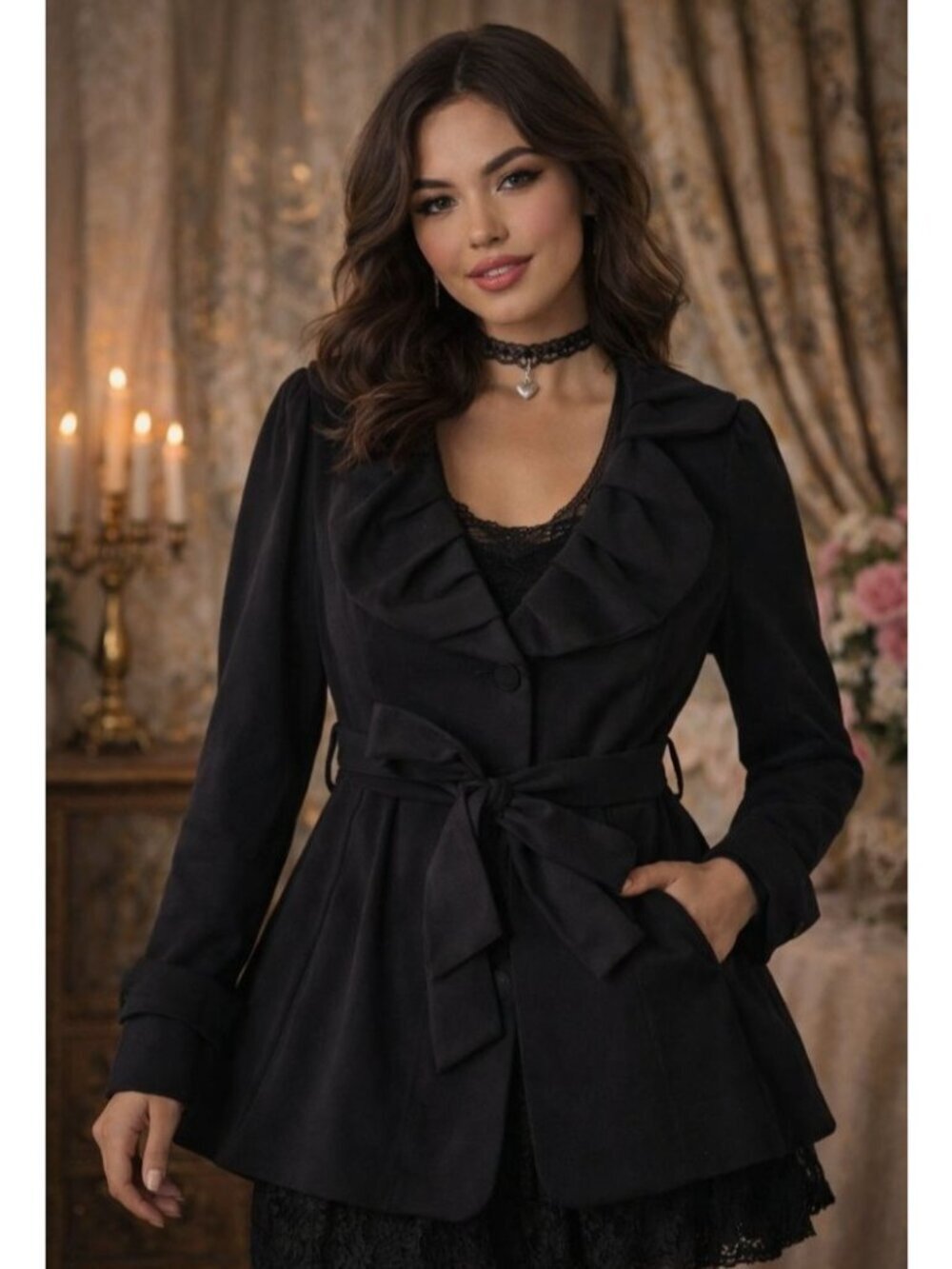 Fever Womens Jacket Y2K Baby Doll Ruffle Coquette Petite Medium Black Pockets